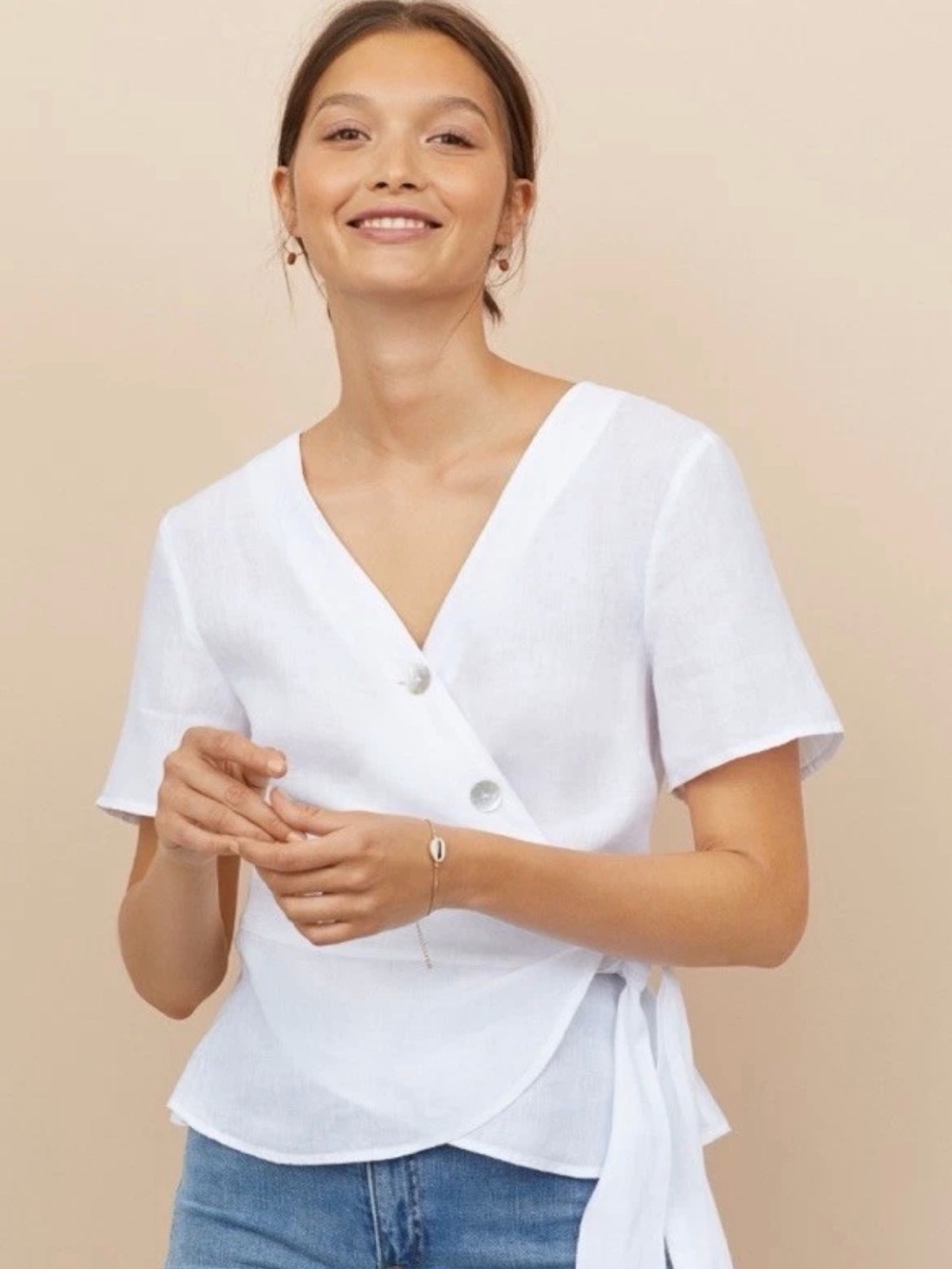 H&M White Short-Sleeve Wrap Button Top with Side Tie
